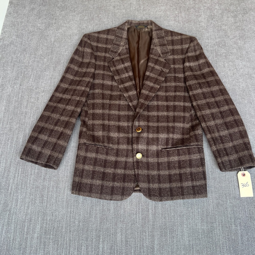 Malibu Clothes Beverly Hills Blazer Jacket Men 36S Brown Plaid Wool Professional